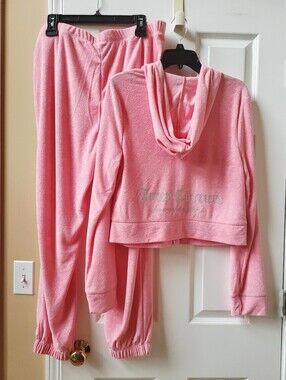 NWT Juicy Couture Pink Towel / Terry Tracksuit Set Hoodie & Joggers XL Flamingo
